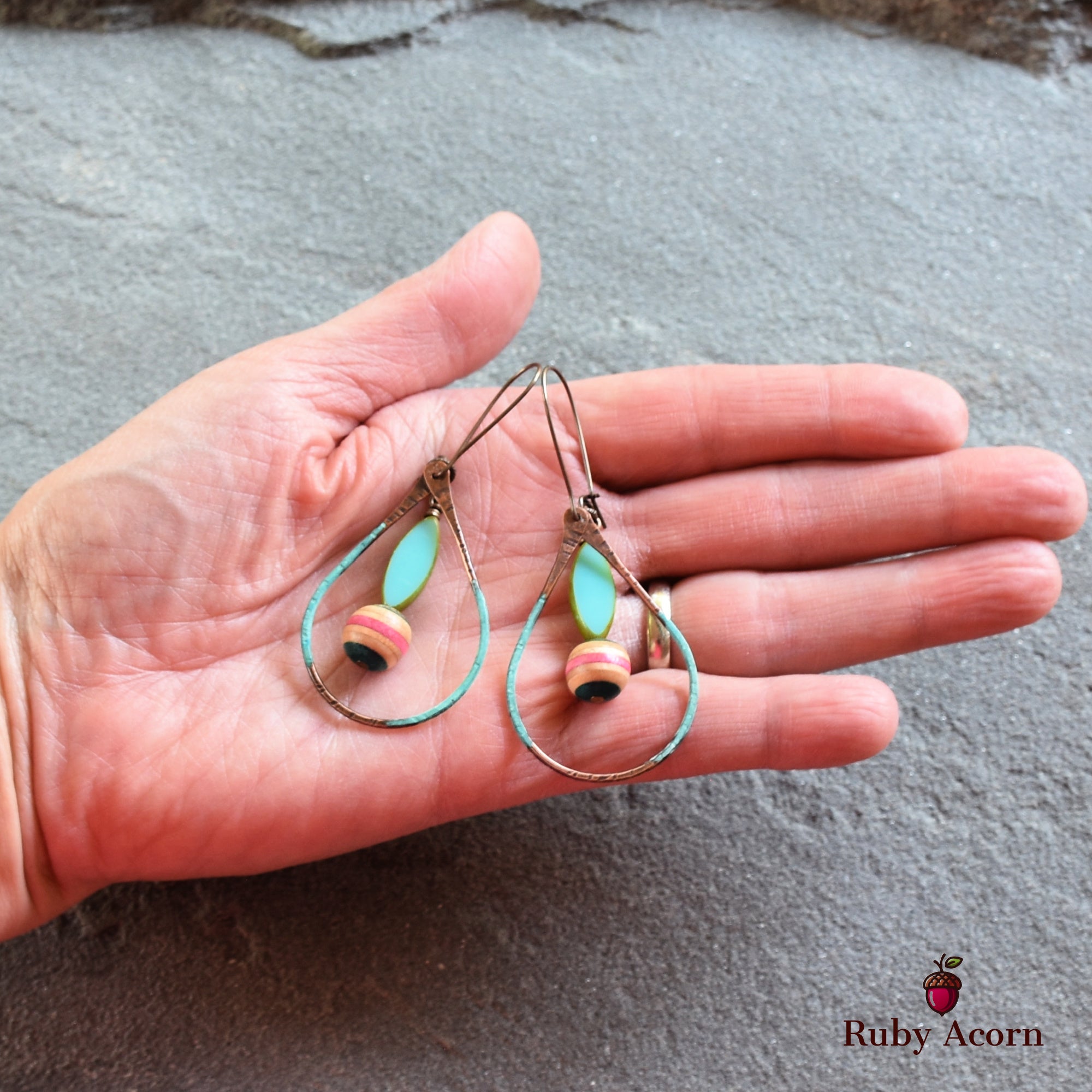 Longboard Recycled Skate Board Handmade Dangle Earrings, Artisan Patina Teardrops, Sky Blue Glass