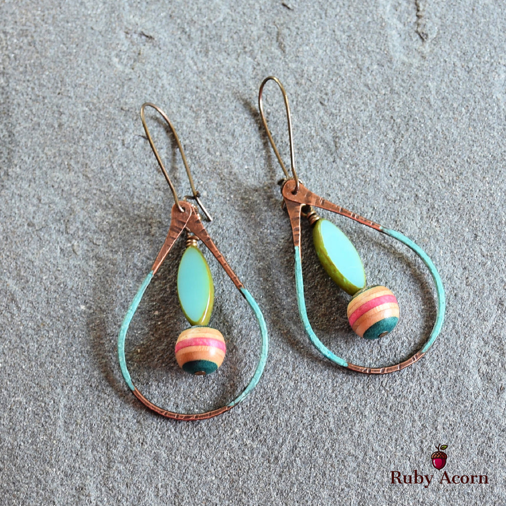 Longboard Recycled Skate Board Handmade Dangle Earrings, Artisan Patina Teardrops, Sky Blue Glass