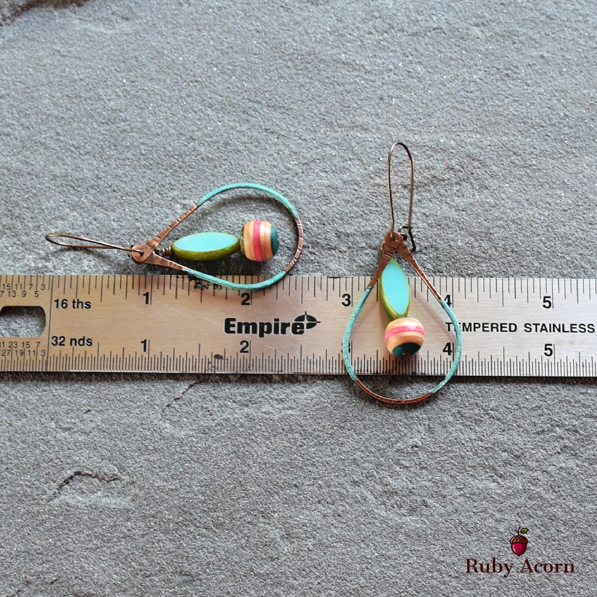 Longboard Recycled Skate Board Handmade Dangle Earrings, Artisan Patina Teardrops, Sky Blue Glass