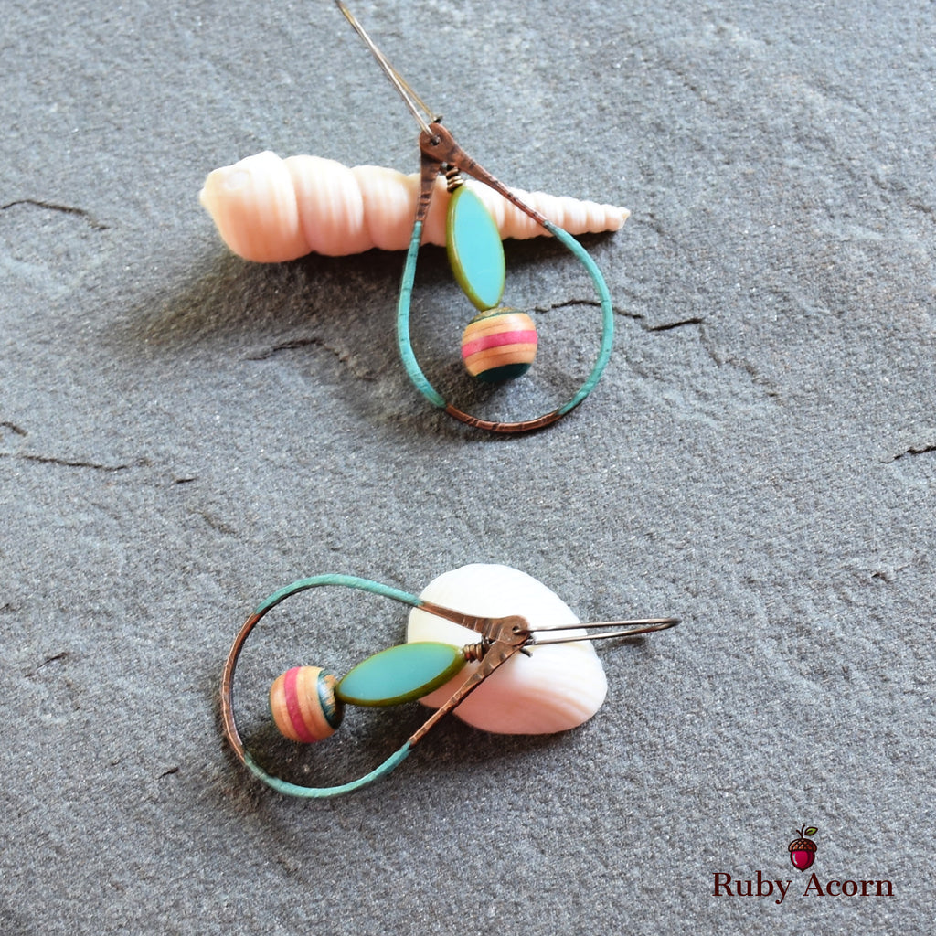 Longboard Recycled Skate Board Handmade Dangle Earrings, Artisan Patina Teardrops, Sky Blue Glass