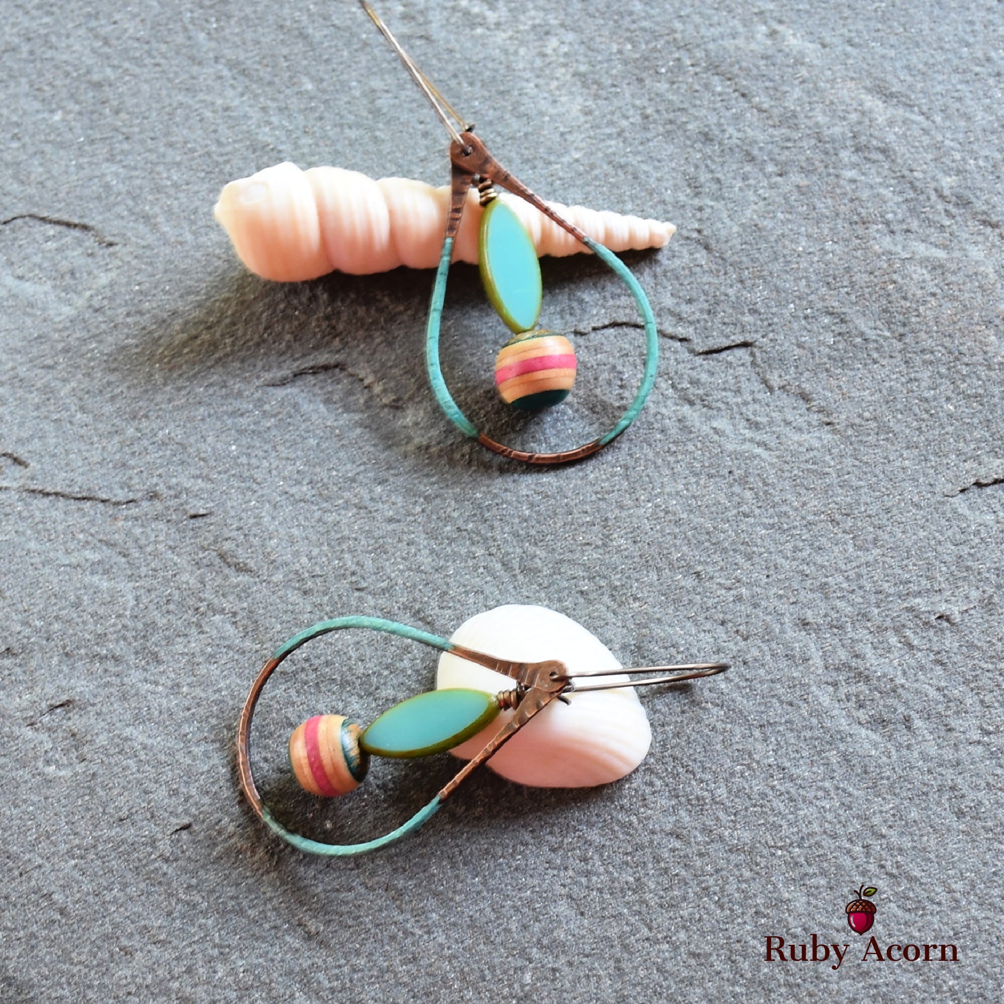 Longboard Recycled Skate Board Handmade Dangle Earrings, Artisan Patina Teardrops, Sky Blue Glass