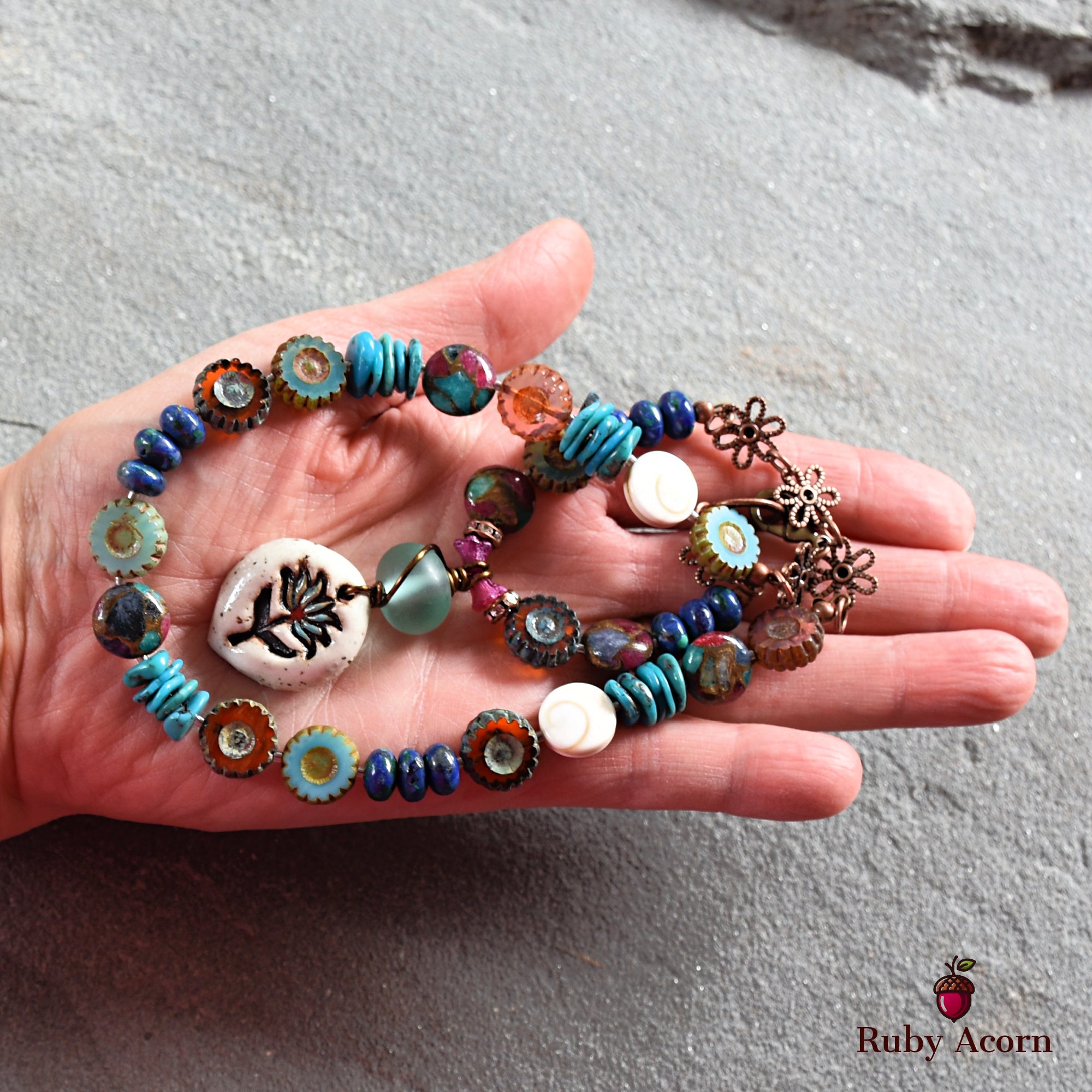 Lotus Handmade Beaded Necklace with Artisan Ceramic Focal, Mosaic Impression Jasper, Azurite Malachite, Shell, Turquoise