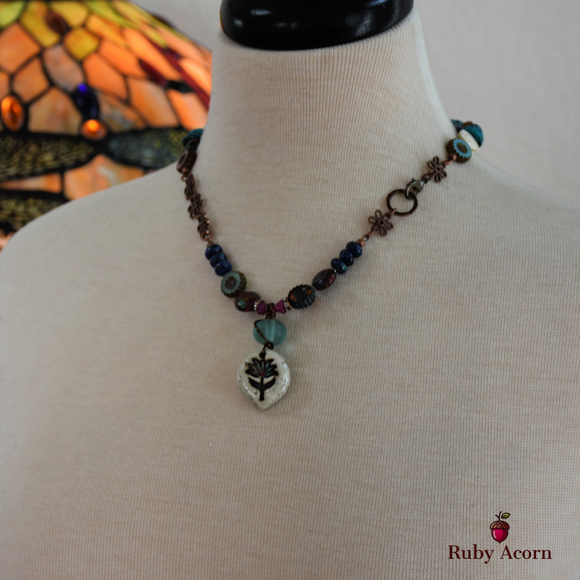 Lotus Handmade Beaded Necklace with Artisan Ceramic Focal, Mosaic Impression Jasper, Azurite Malachite, Shell, Turquoise