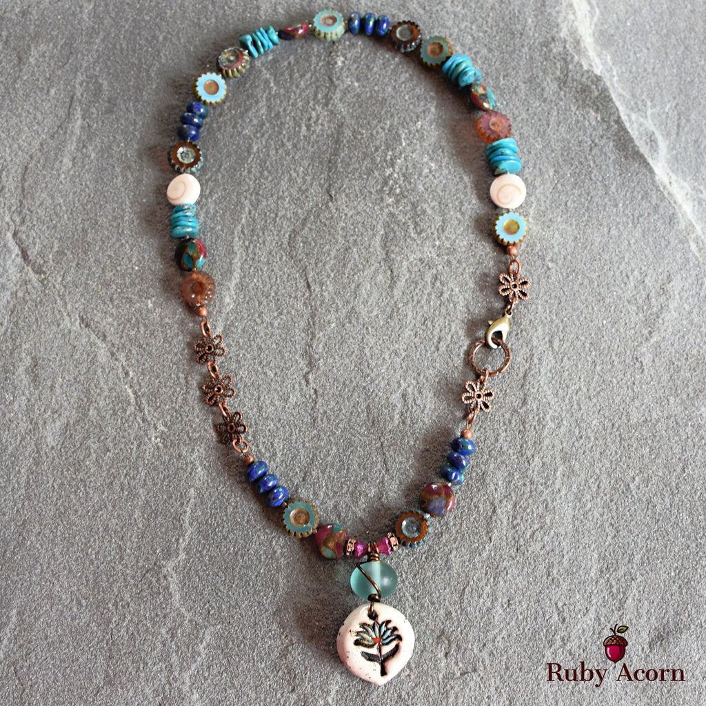Lotus Handmade Beaded Necklace with Artisan Ceramic Focal, Mosaic Impression Jasper, Azurite Malachite, Shell, Turquoise