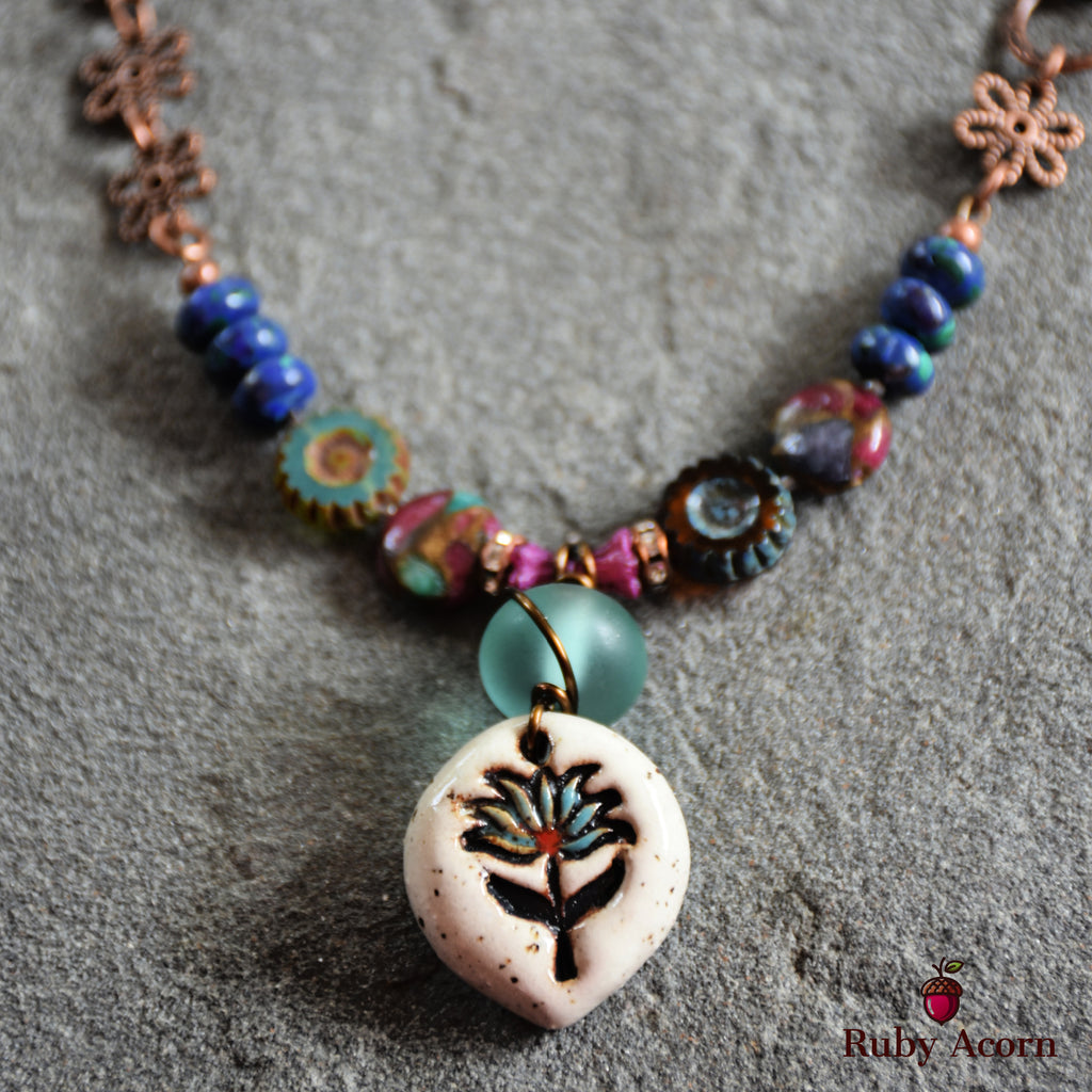 Lotus Handmade Beaded Necklace with Artisan Ceramic Focal, Mosaic Impression Jasper, Azurite Malachite, Shell, Turquoise