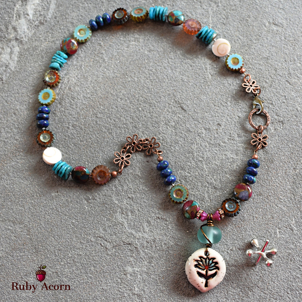 Lotus Handmade Beaded Necklace with Artisan Ceramic Focal, Mosaic Impression Jasper, Azurite Malachite, Shell, Turquoise