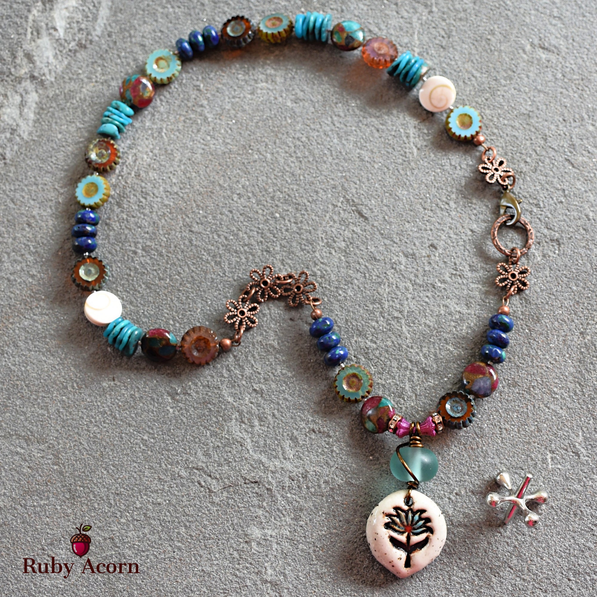 Lotus Handmade Beaded Necklace with Artisan Ceramic Focal, Mosaic Impression Jasper, Azurite Malachite, Shell, Turquoise