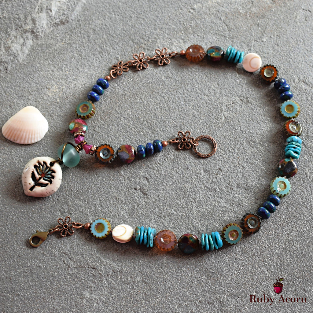 Lotus Handmade Beaded Necklace with Artisan Ceramic Focal, Mosaic Impression Jasper, Azurite Malachite, Shell, Turquoise