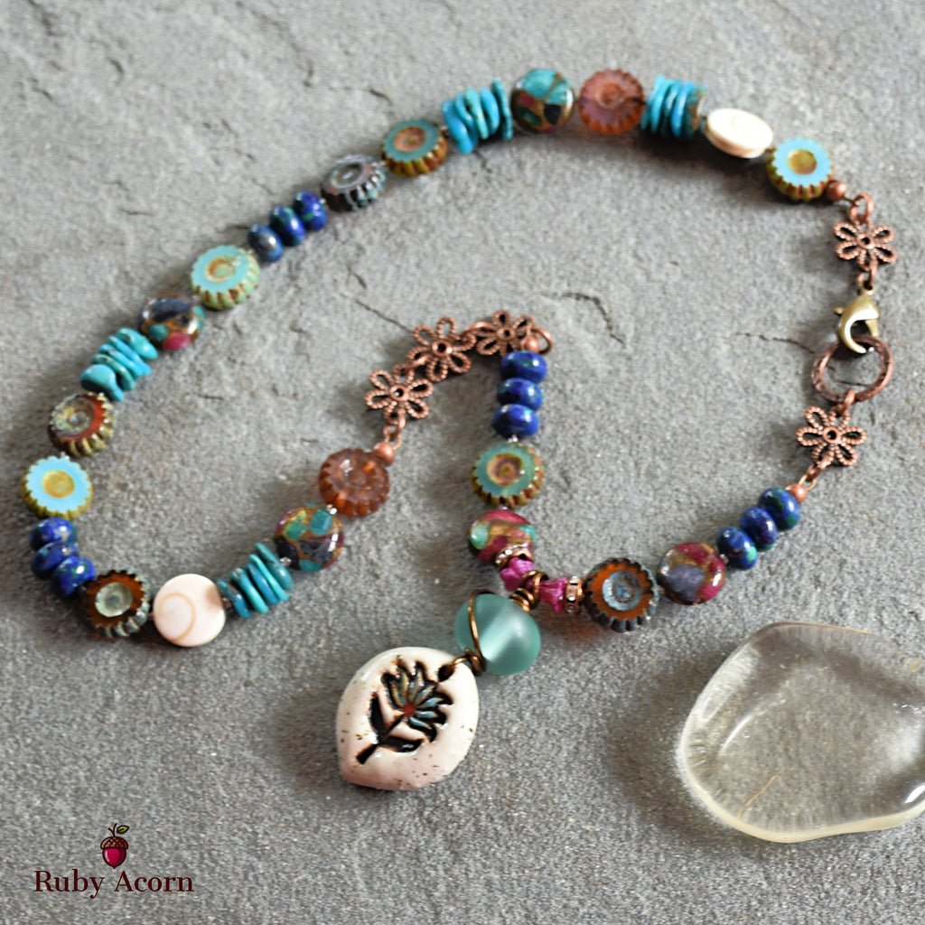 Lotus Handmade Beaded Necklace with Artisan Ceramic Focal, Mosaic Impression Jasper, Azurite Malachite, Shell, Turquoise