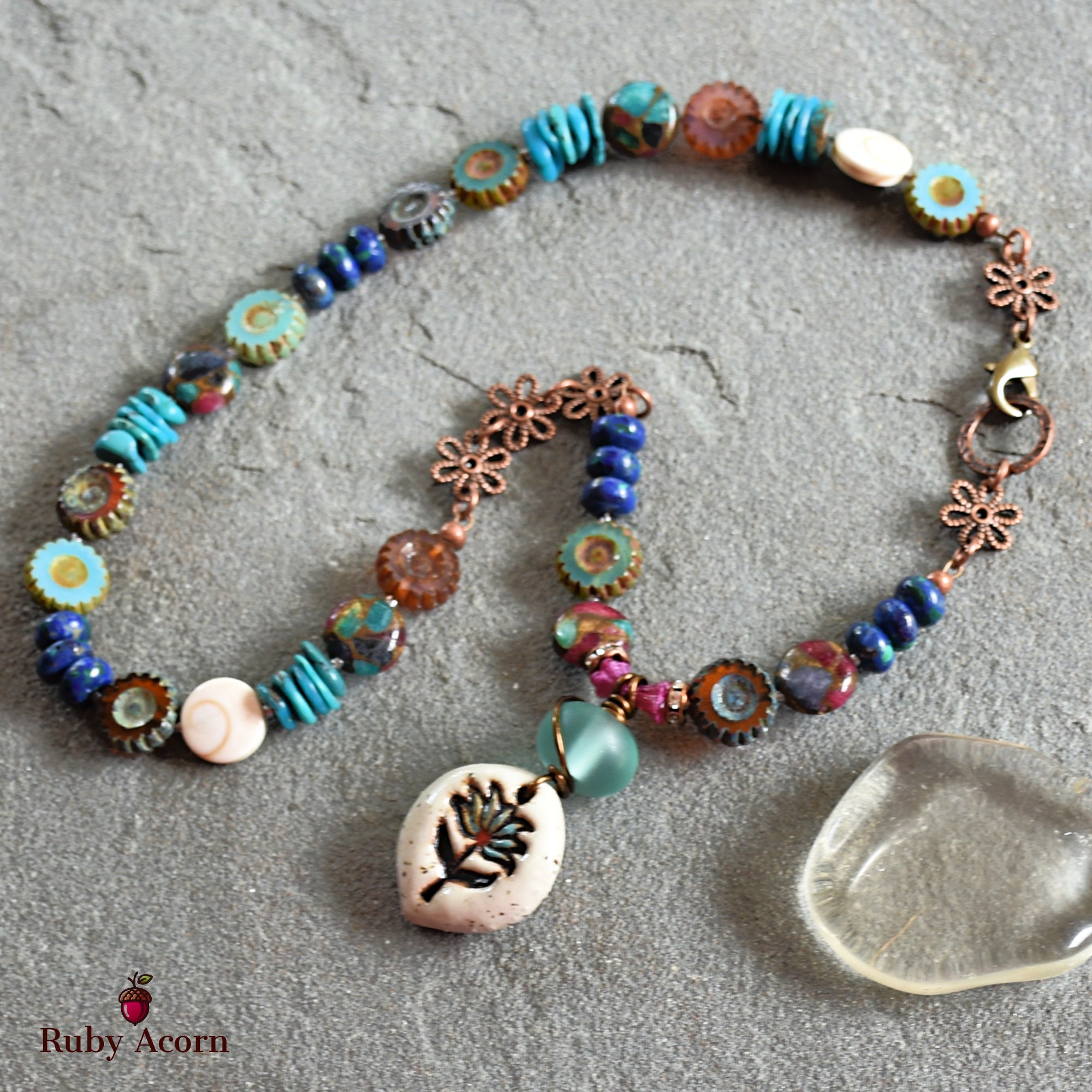 Lotus Handmade Beaded Necklace with Artisan Ceramic Focal, Mosaic Impression Jasper, Azurite Malachite, Shell, Turquoise