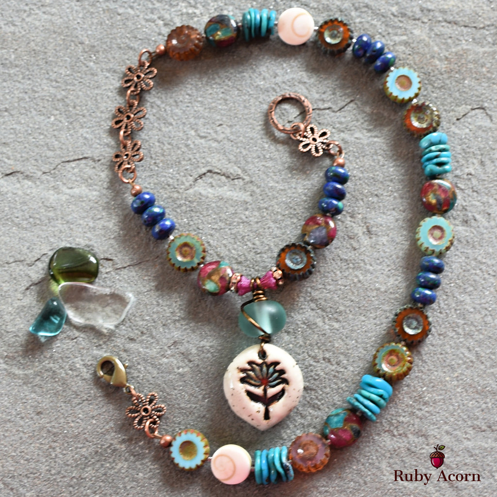 Lotus Handmade Beaded Necklace with Artisan Ceramic Focal, Mosaic Impression Jasper, Azurite Malachite, Shell, Turquoise