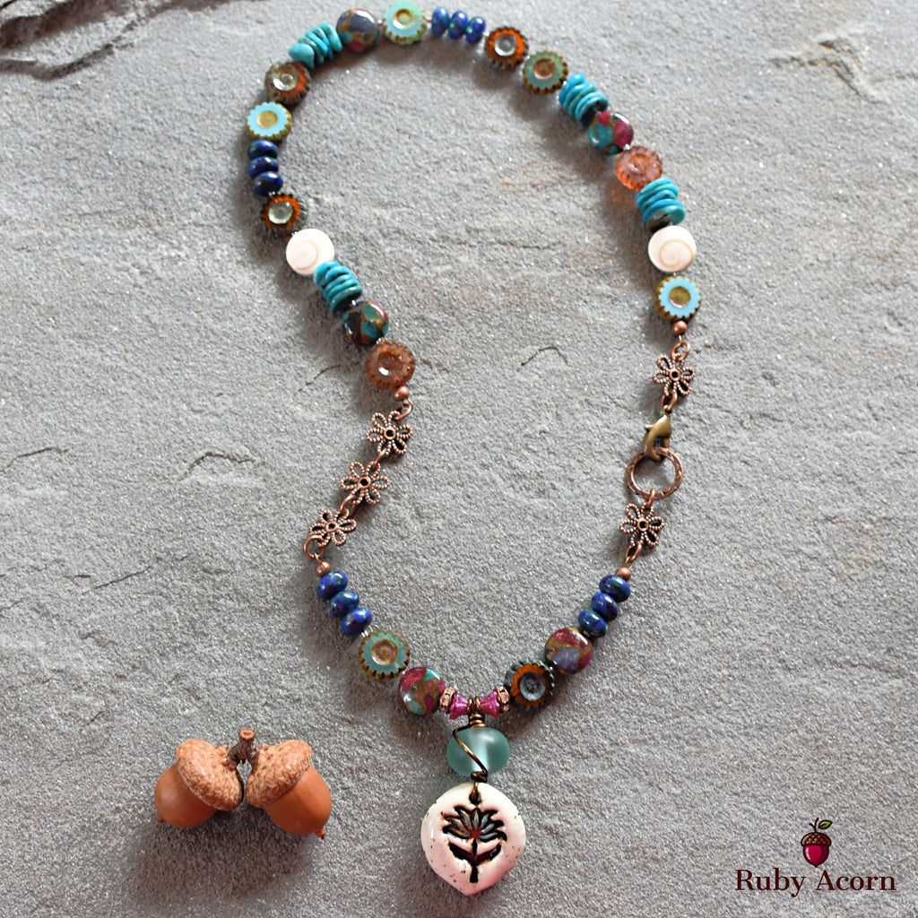 Lotus Handmade Beaded Necklace with Artisan Ceramic Focal, Mosaic Impression Jasper, Azurite Malachite, Shell, Turquoise