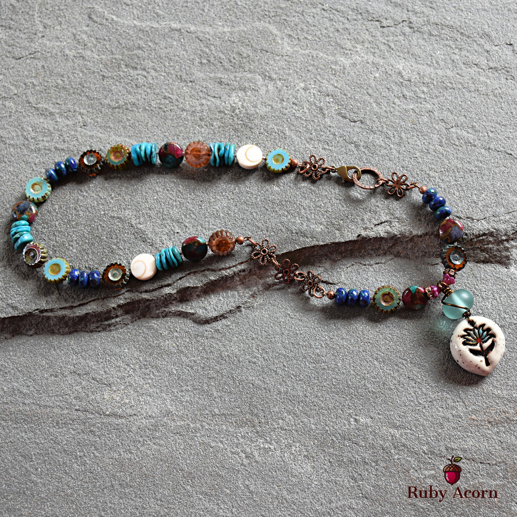 Lotus Handmade Beaded Necklace with Artisan Ceramic Focal, Mosaic Impression Jasper, Azurite Malachite, Shell, Turquoise