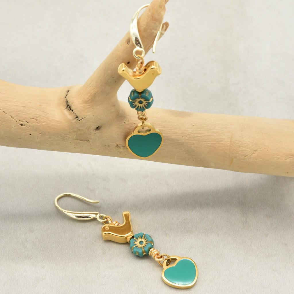 Lovebirds Turquoise Blue dangle earrings with gold birds and heart charms on a branch - handmade with love by Ruby Acorn