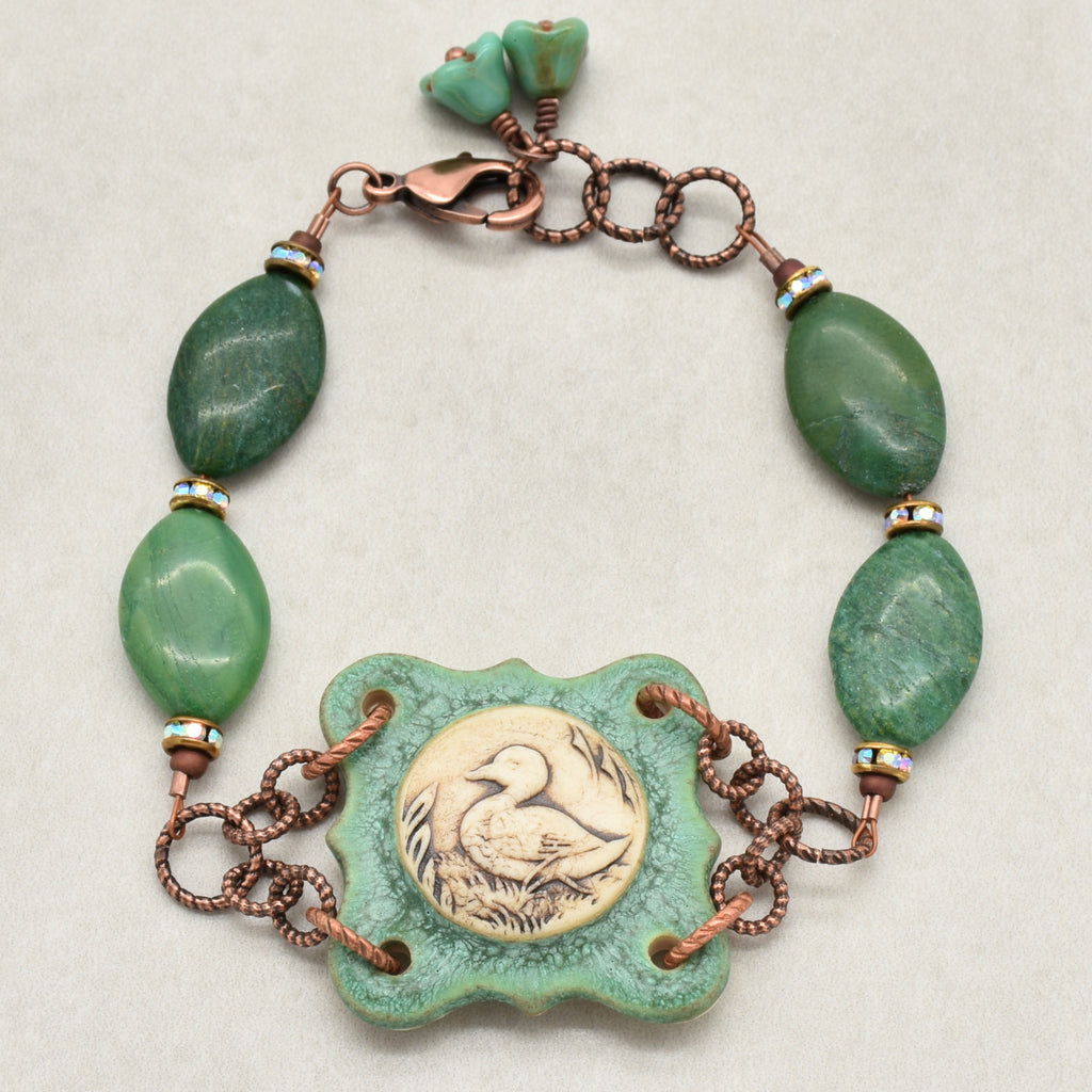 Mallard Crest Handmade Bracelet - Artisan Porcelain Duck Focal, Natural Green Stones