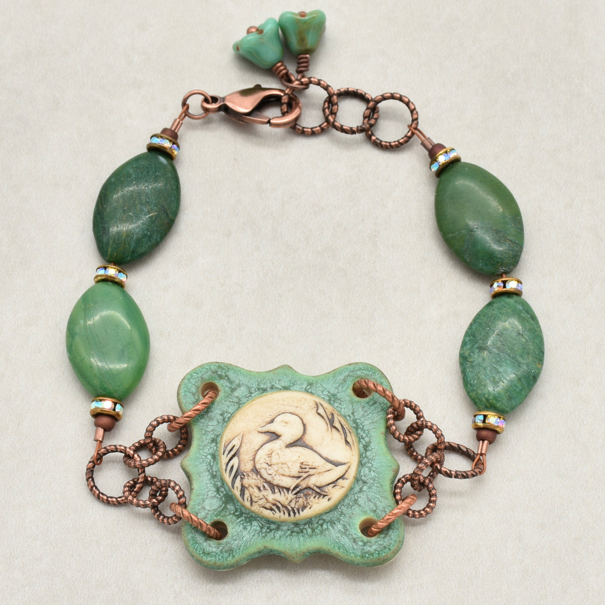 Mallard Crest Handmade Bracelet - Artisan Porcelain Duck Focal, Natural Green Stones