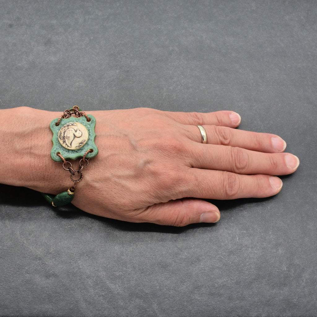 Mallard Crest Handmade Bracelet - Artisan Porcelain Duck Focal, Natural Green Stones