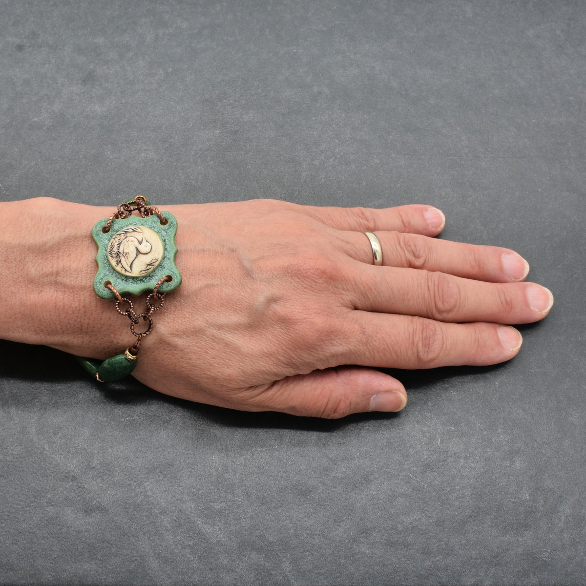 Mallard Crest Handmade Bracelet - Artisan Porcelain Duck Focal, Natural Green Stones