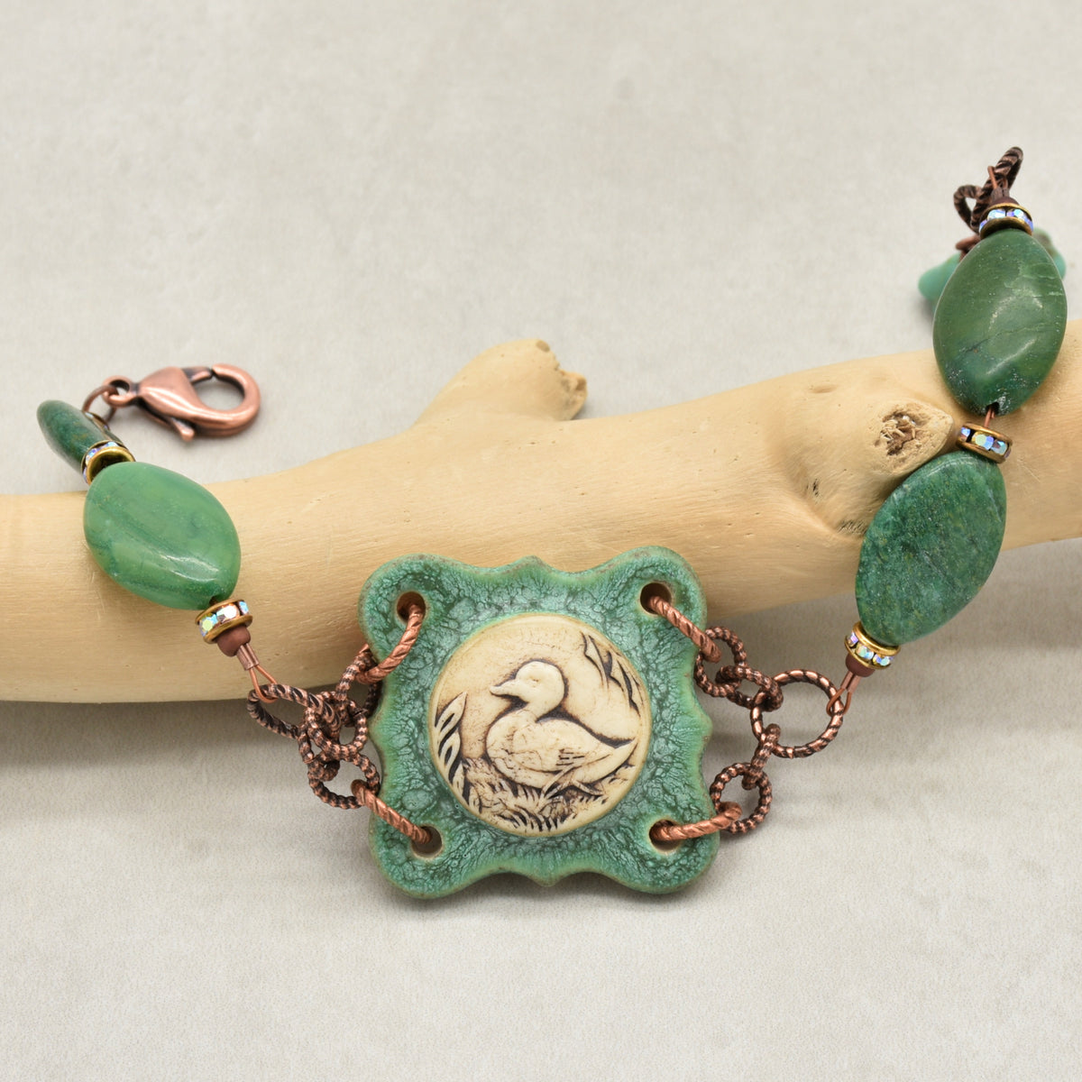 Mallard Crest Handmade Bracelet - Artisan Porcelain Duck Focal, Natural Green Stones