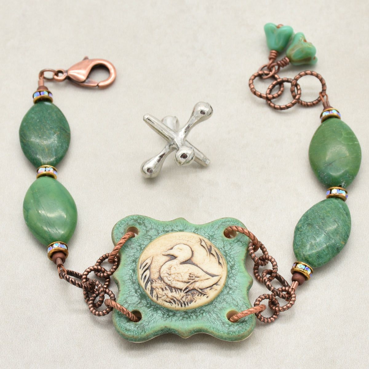 Mallard Crest Handmade Bracelet - Artisan Porcelain Duck Focal, Natural Green Stones