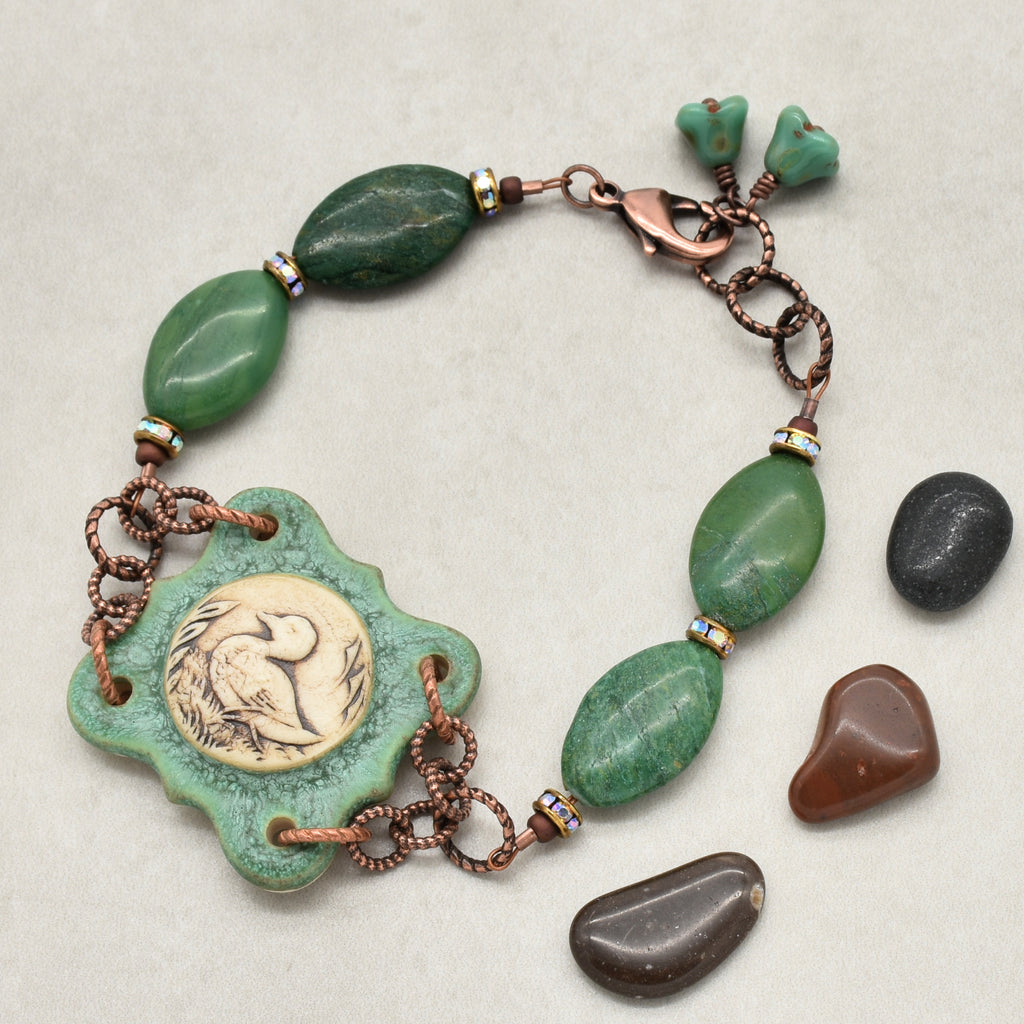Mallard Crest Handmade Bracelet - Artisan Porcelain Duck Focal, Natural Green Stones