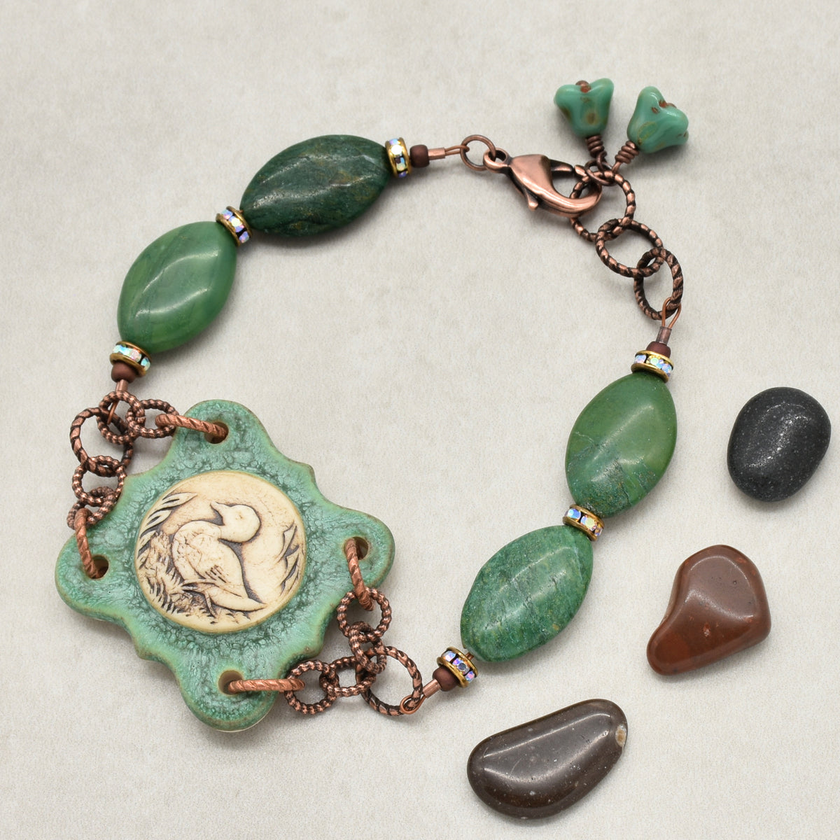 Mallard Crest Handmade Bracelet - Artisan Porcelain Duck Focal, Natural Green Stones
