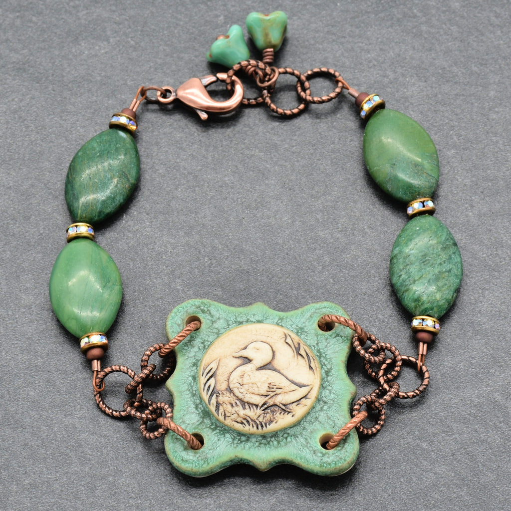 Mallard Crest Handmade Bracelet - Artisan Porcelain Duck Focal, Natural Green Stones