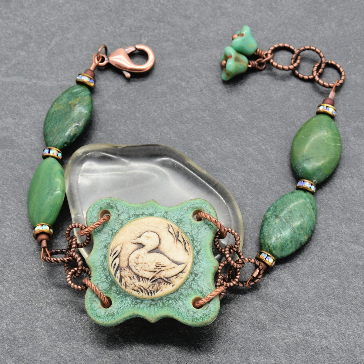 Mallard Crest Handmade Bracelet - Artisan Porcelain Duck Focal, Natural Green Stones
