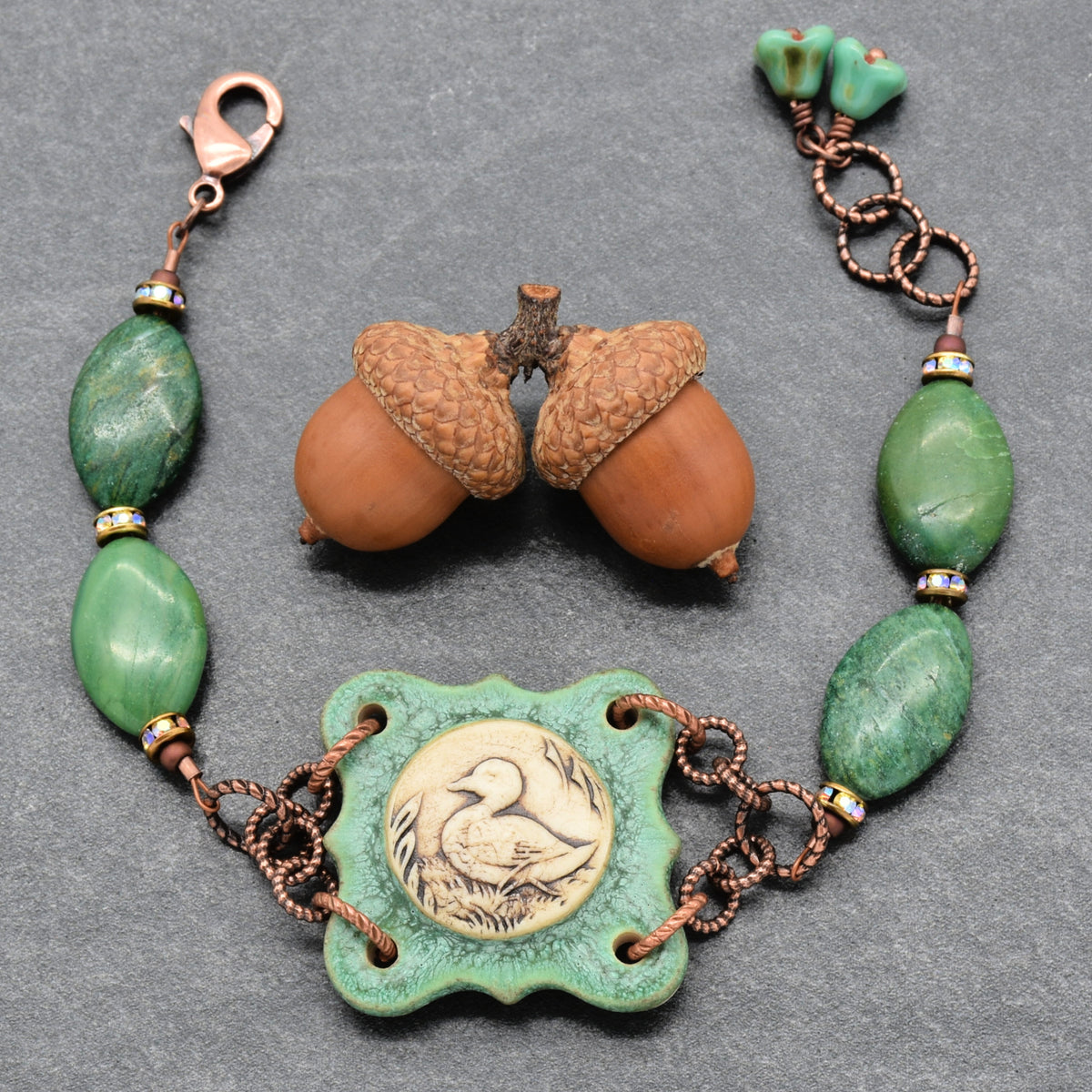Mallard Crest Handmade Bracelet - Artisan Porcelain Duck Focal, Natural Green Stones