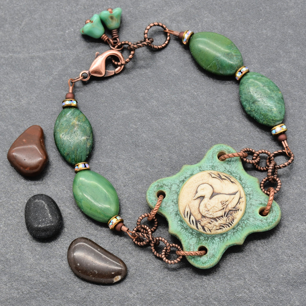 Mallard Crest Handmade Bracelet - Artisan Porcelain Duck Focal, Natural Green Stones