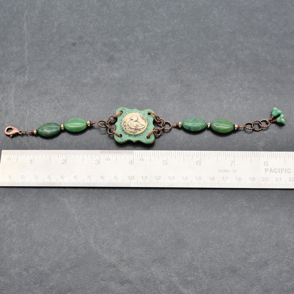 Mallard Crest Handmade Bracelet - Artisan Porcelain Duck Focal, Natural Green Stones