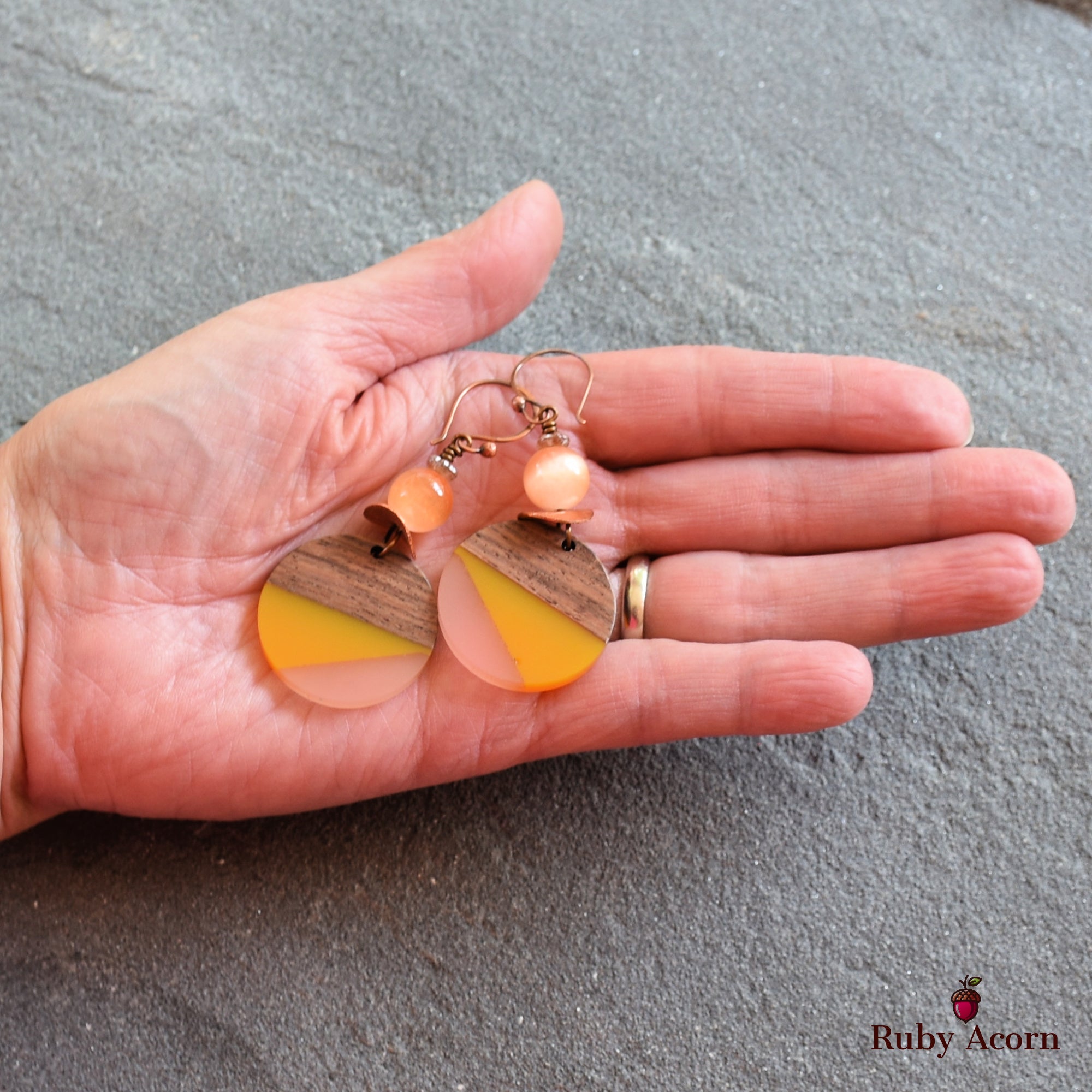 Mango and Peach Dangle Handmade Earrings, Bright Selenite, Wood Resin Charms.