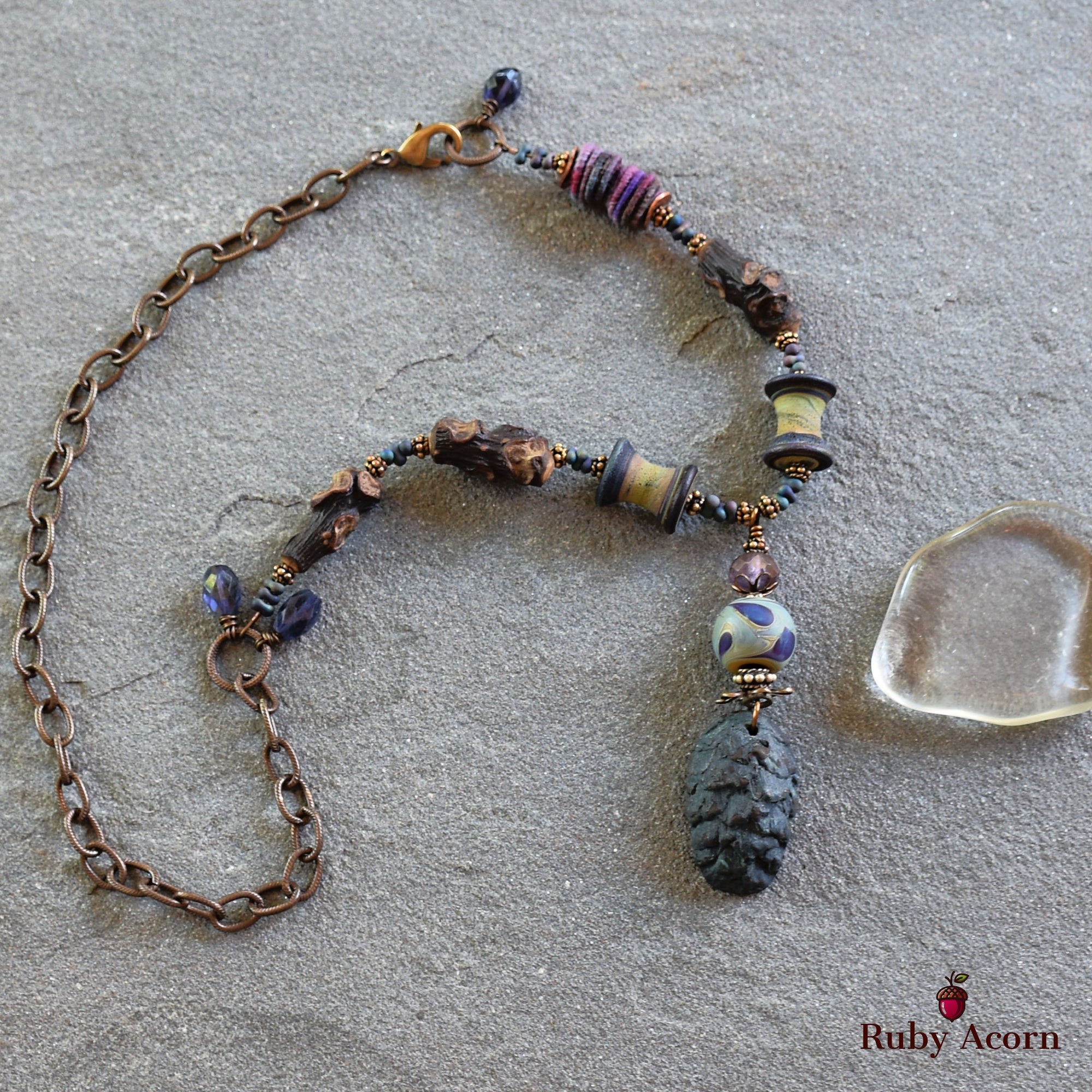 Midnight Blue Pine Cone Handmade Beaded Statement Necklace with Artisan Polymer Clay and Lampwork Glass, Fabric Textile, Natural Wood