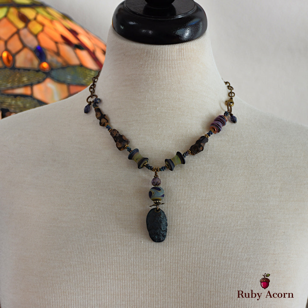 Midnight Blue Pine Cone Handmade Beaded Statement Necklace with Artisan Polymer Clay and Lampwork Glass, Fabric Textile, Natural Wood