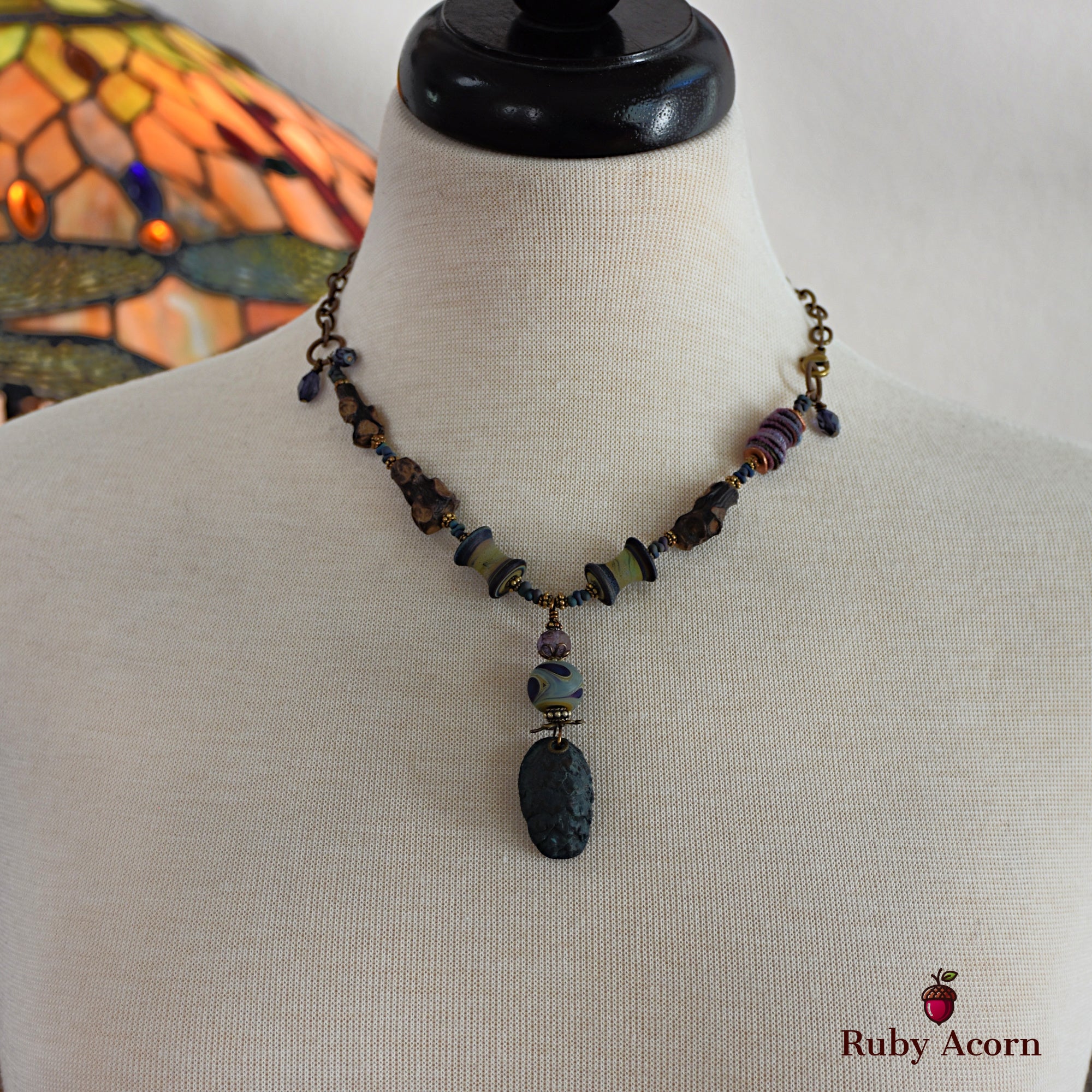 Midnight Blue Pine Cone Handmade Beaded Statement Necklace with Artisan Polymer Clay and Lampwork Glass, Fabric Textile, Natural Wood