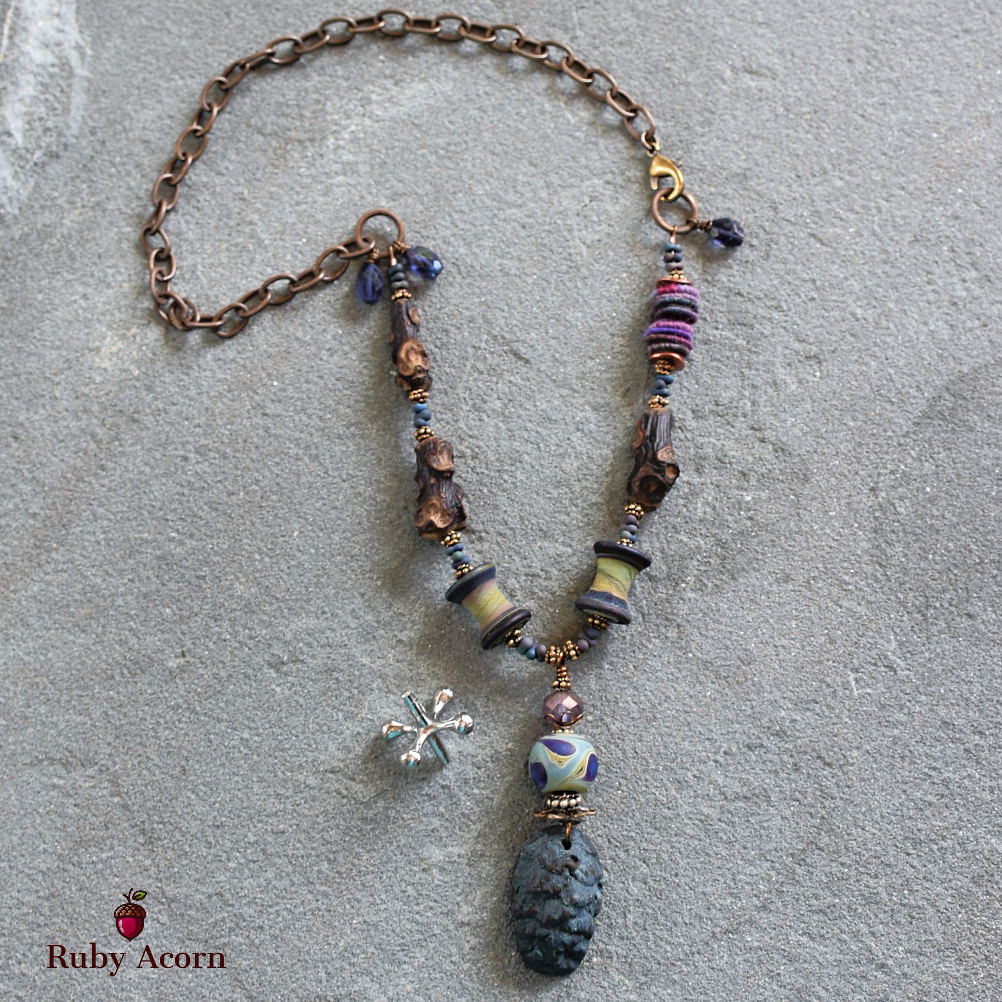 Midnight Blue Pine Cone Handmade Beaded Statement Necklace with Artisan Polymer Clay and Lampwork Glass, Fabric Textile, Natural Wood