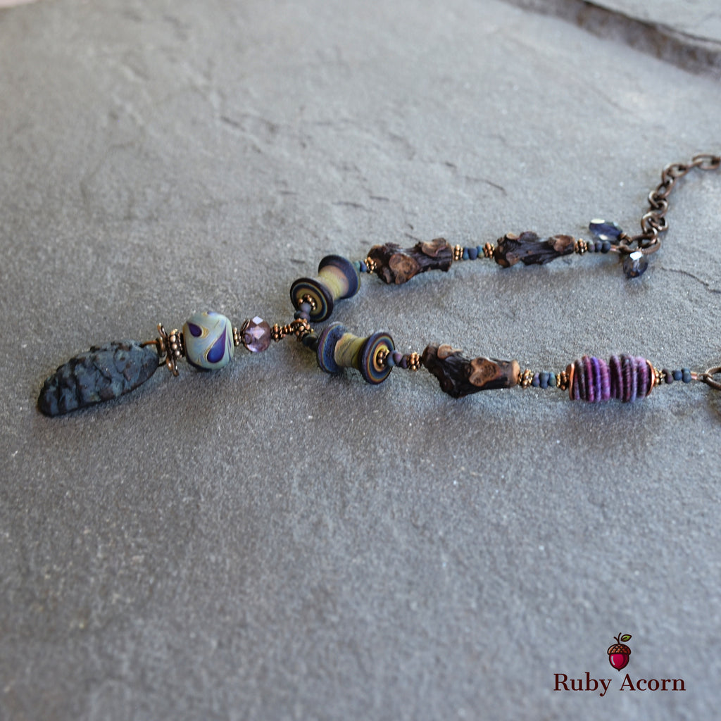 Midnight Blue Pine Cone Handmade Beaded Statement Necklace with Artisan Polymer Clay and Lampwork Glass, Fabric Textile, Natural Wood