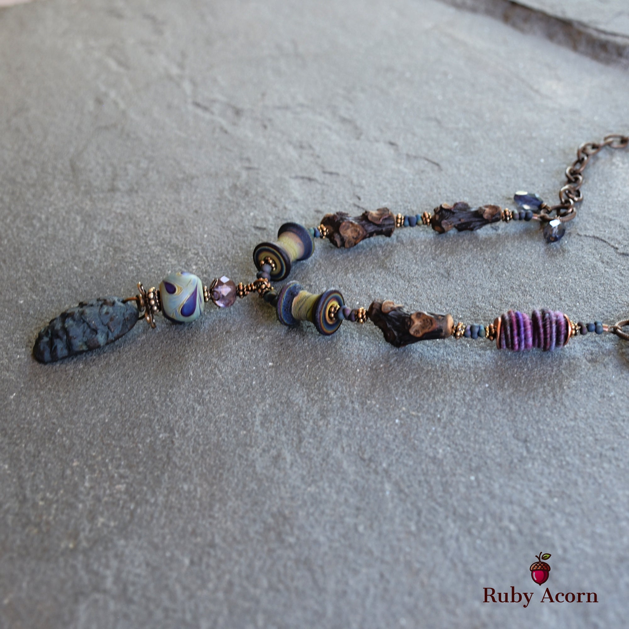 Midnight Blue Pine Cone Handmade Beaded Statement Necklace with Artisan Polymer Clay and Lampwork Glass, Fabric Textile, Natural Wood