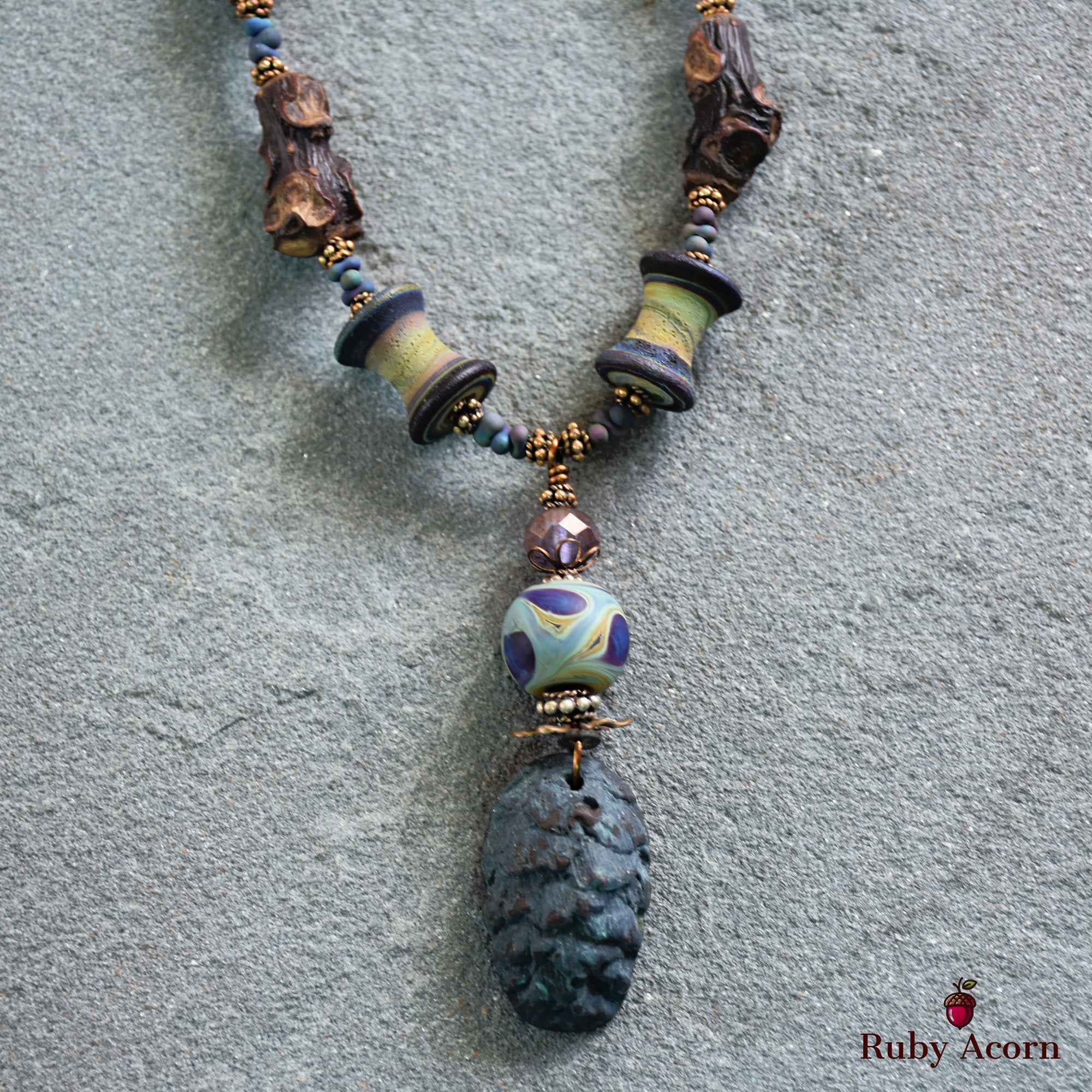 Midnight Blue Pine Cone Handmade Beaded Statement Necklace with Artisan Polymer Clay and Lampwork Glass, Fabric Textile, Natural Wood