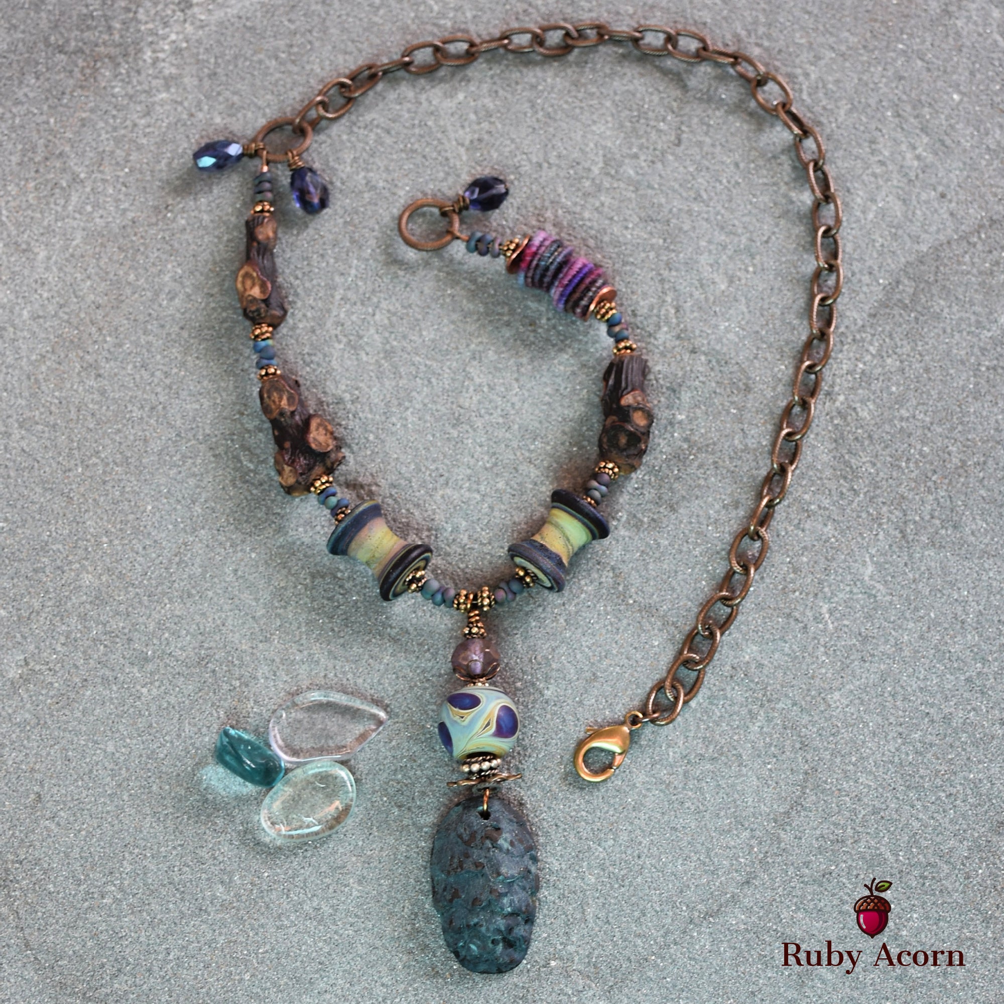 Midnight Blue Pine Cone Handmade Beaded Statement Necklace with Artisan Polymer Clay and Lampwork Glass, Fabric Textile, Natural Wood