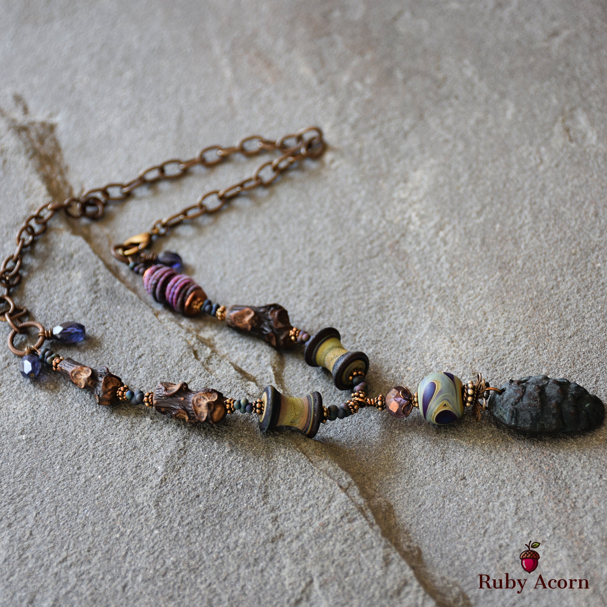 Midnight Blue Pine Cone Handmade Beaded Statement Necklace with Artisan Polymer Clay and Lampwork Glass, Fabric Textile, Natural Wood