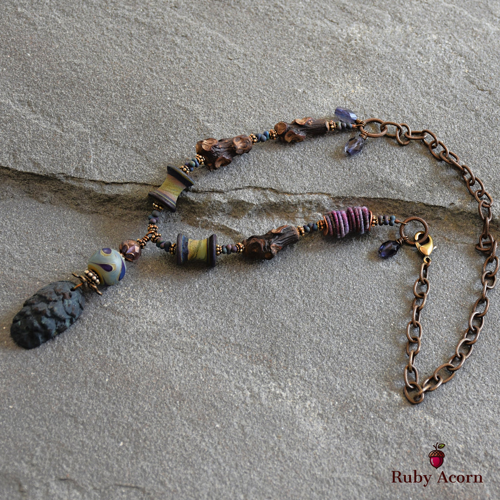 Midnight Blue Pine Cone Handmade Beaded Statement Necklace with Artisan Polymer Clay and Lampwork Glass, Fabric Textile, Natural Wood