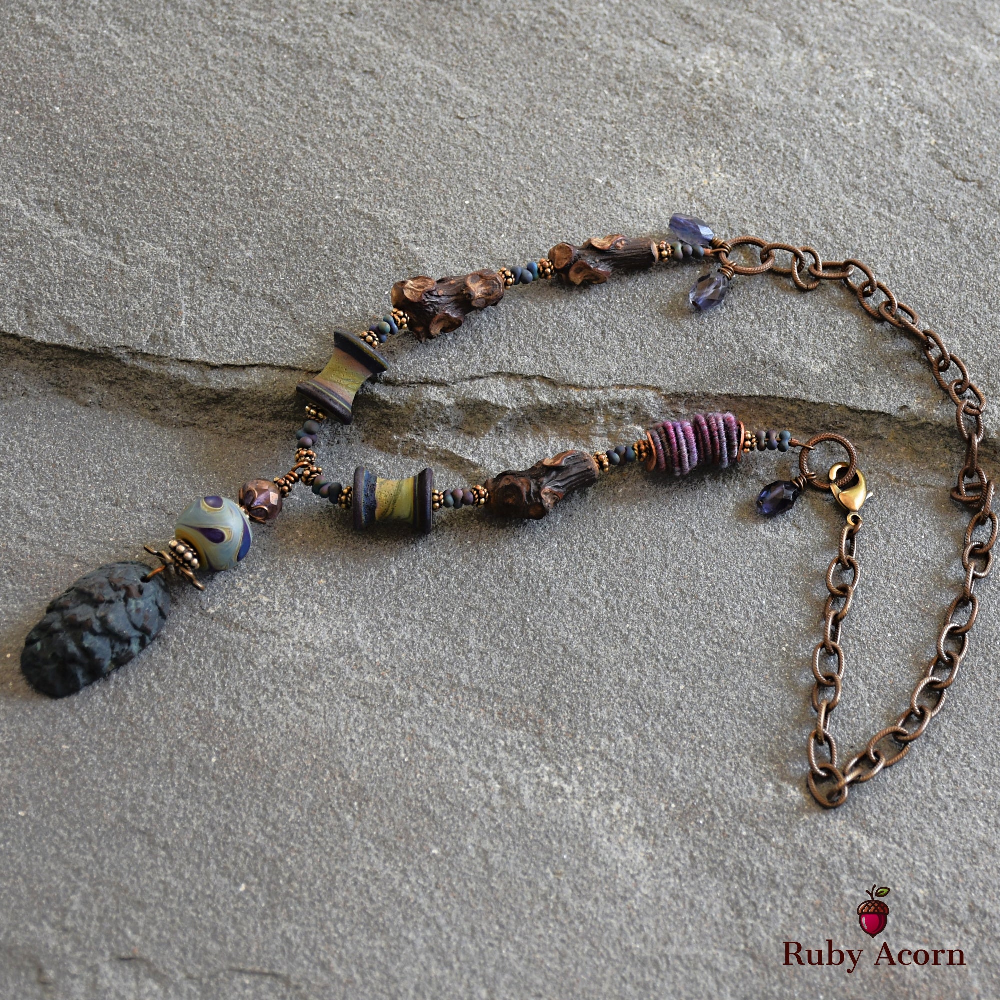 Midnight Blue Pine Cone Handmade Beaded Statement Necklace with Artisan Polymer Clay and Lampwork Glass, Fabric Textile, Natural Wood