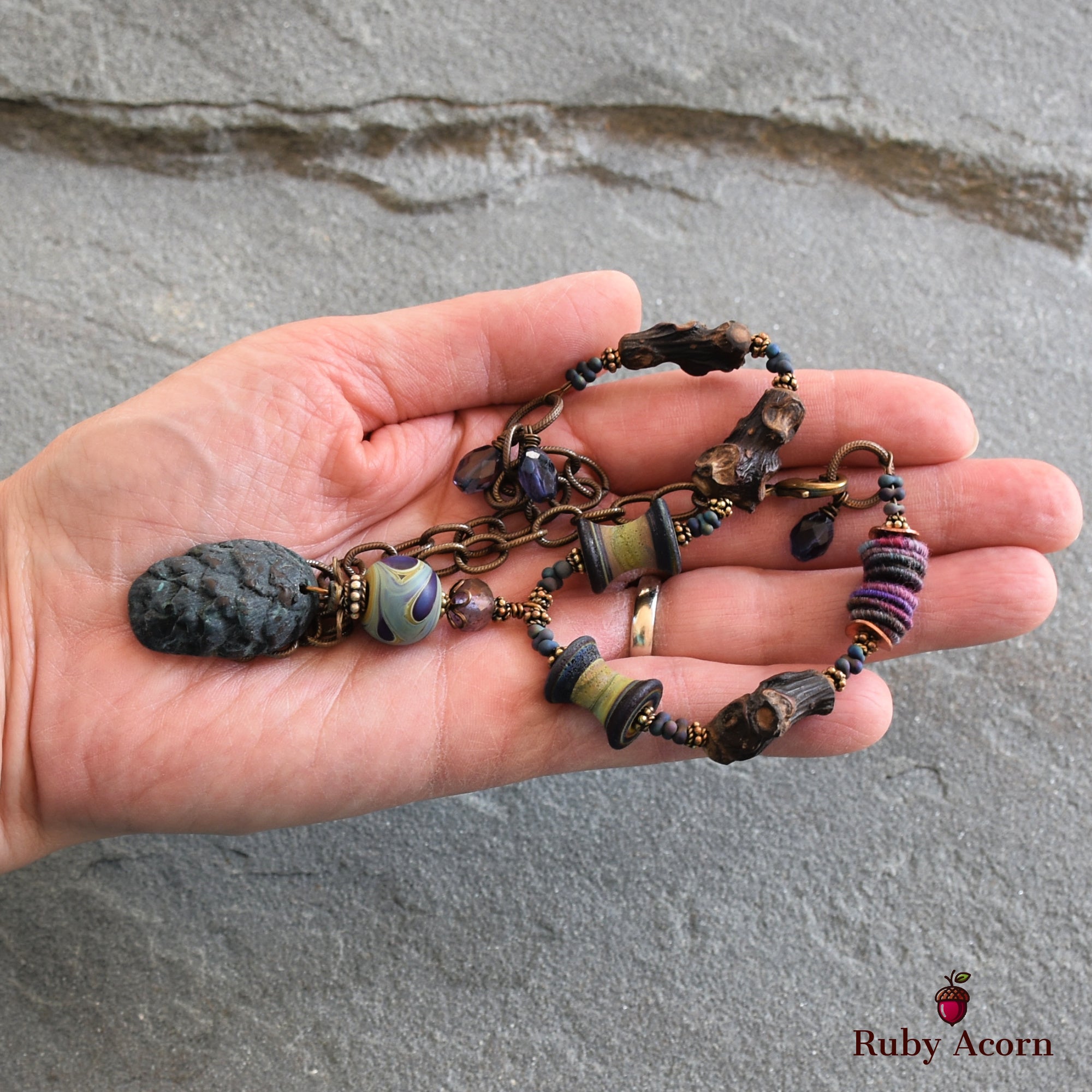 Midnight Blue Pine Cone Handmade Beaded Statement Necklace with Artisan Polymer Clay and Lampwork Glass, Fabric Textile, Natural Wood