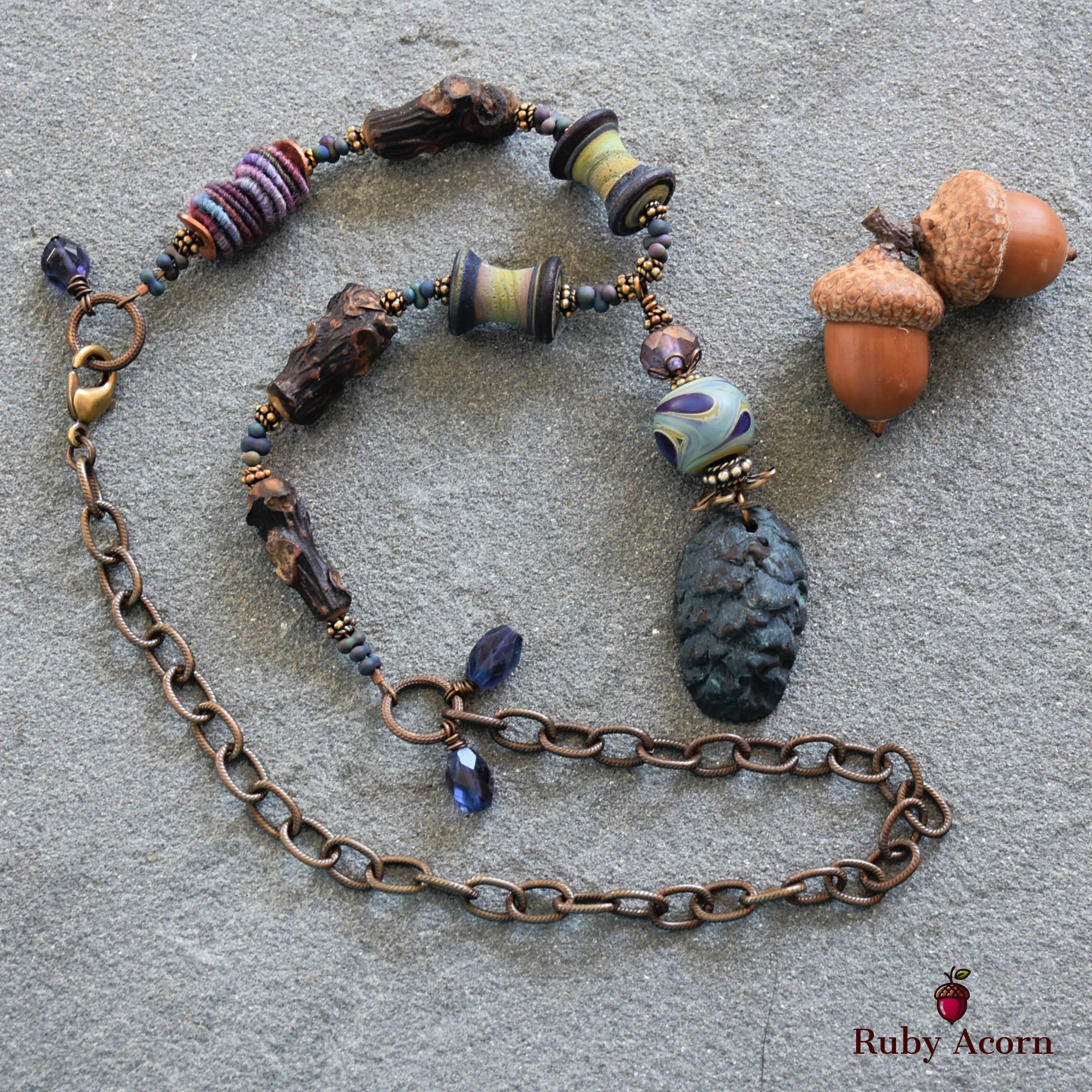 Midnight Blue Pine Cone Handmade Beaded Statement Necklace with Artisan Polymer Clay and Lampwork Glass, Fabric Textile, Natural Wood