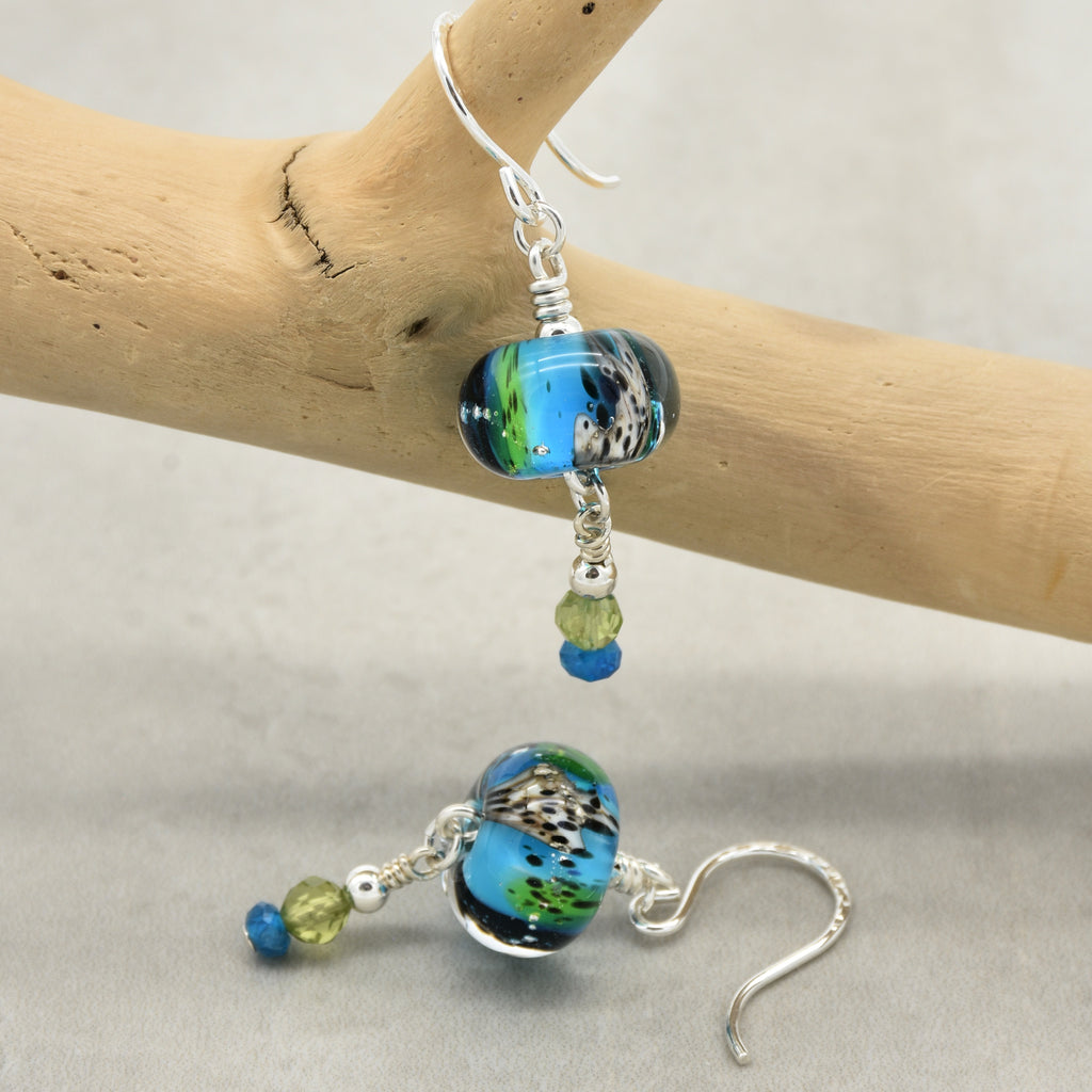 Colorful artisan lampwork glass earrings with sterling silver ear wires, peridot and apatite on a branch - handmade with love by Ruby Acorn