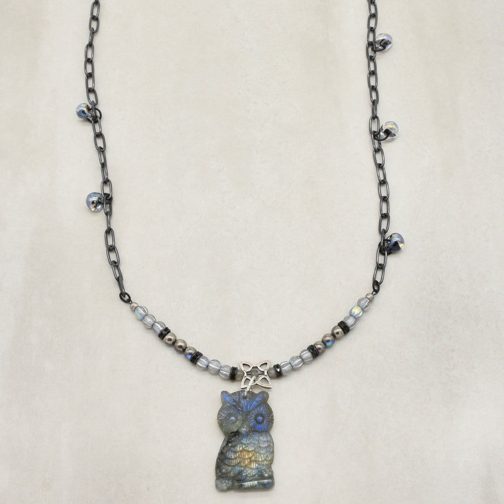 One of a kind necklace with a labradorite carved owl focal, Czech glass, and noir chain - art you can wear by Ruby Acorn