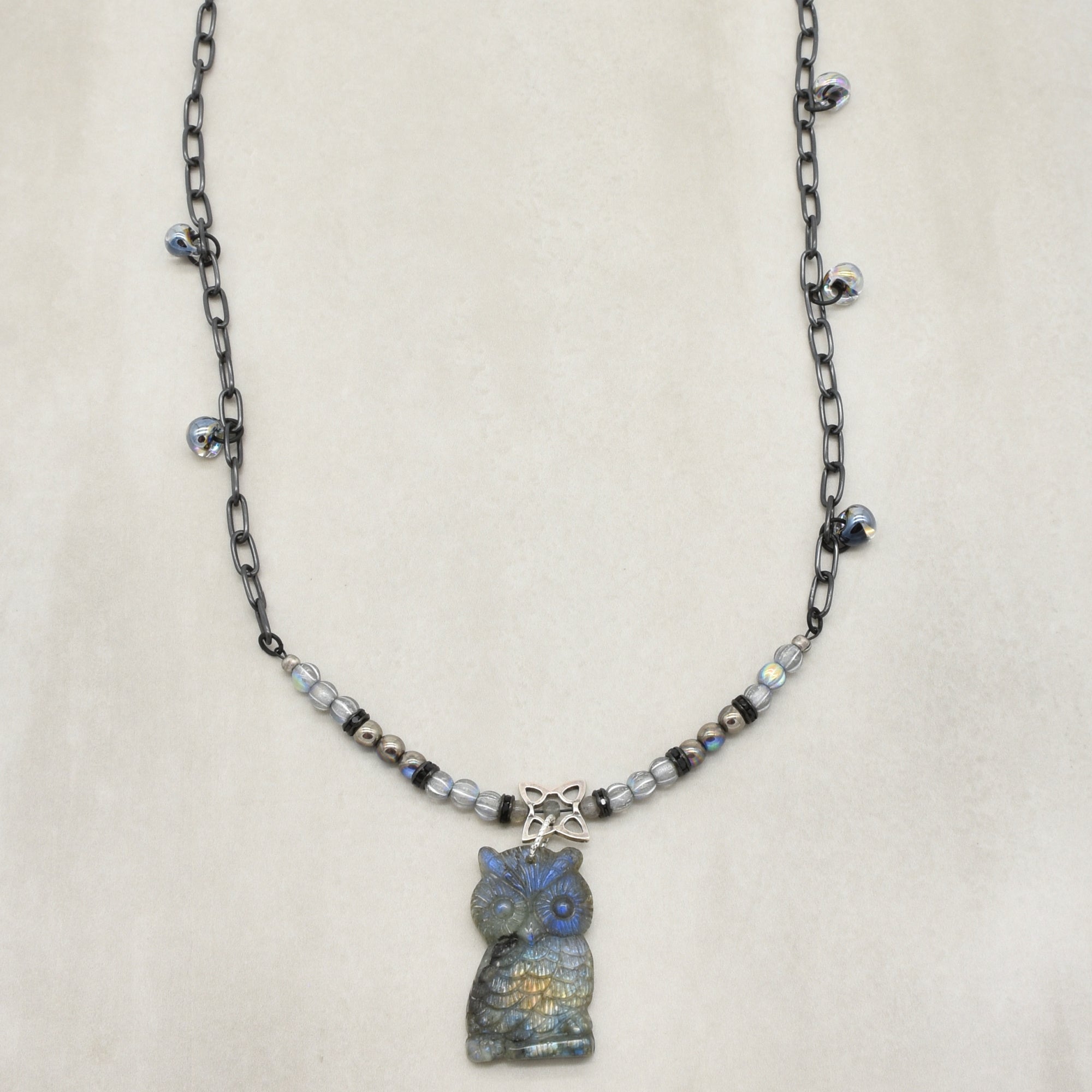 One of a kind necklace with a labradorite carved owl focal, Czech glass, and noir chain - art you can wear by Ruby Acorn