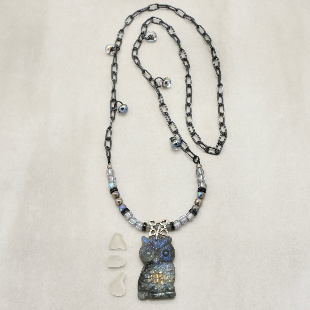 Longer necklace with a labradorite carved owl focal, Czech glass, noir chain - wearable art by Ruby Acorn