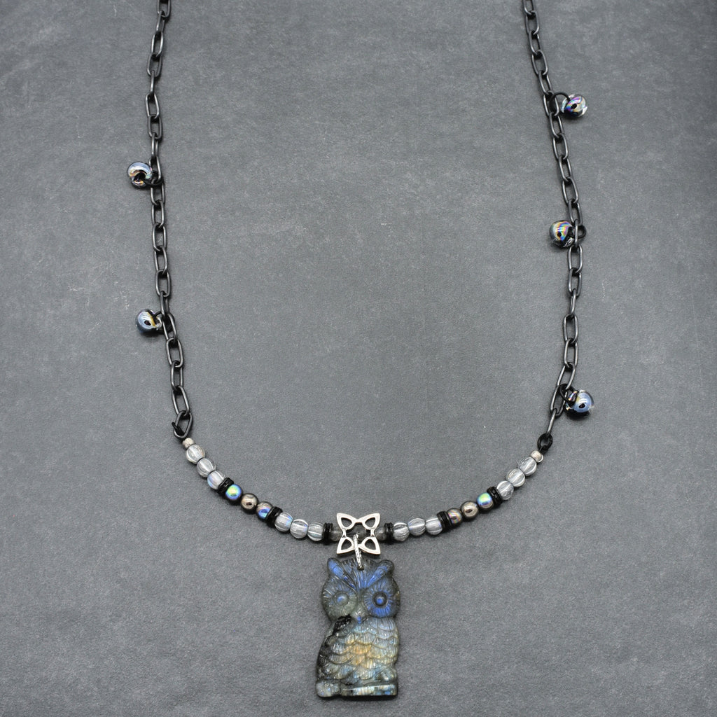 Hand crafted necklace with a labradorite carved owl focal, Czech glass, and noir chain - one of a kind wearable art by Ruby Acorn